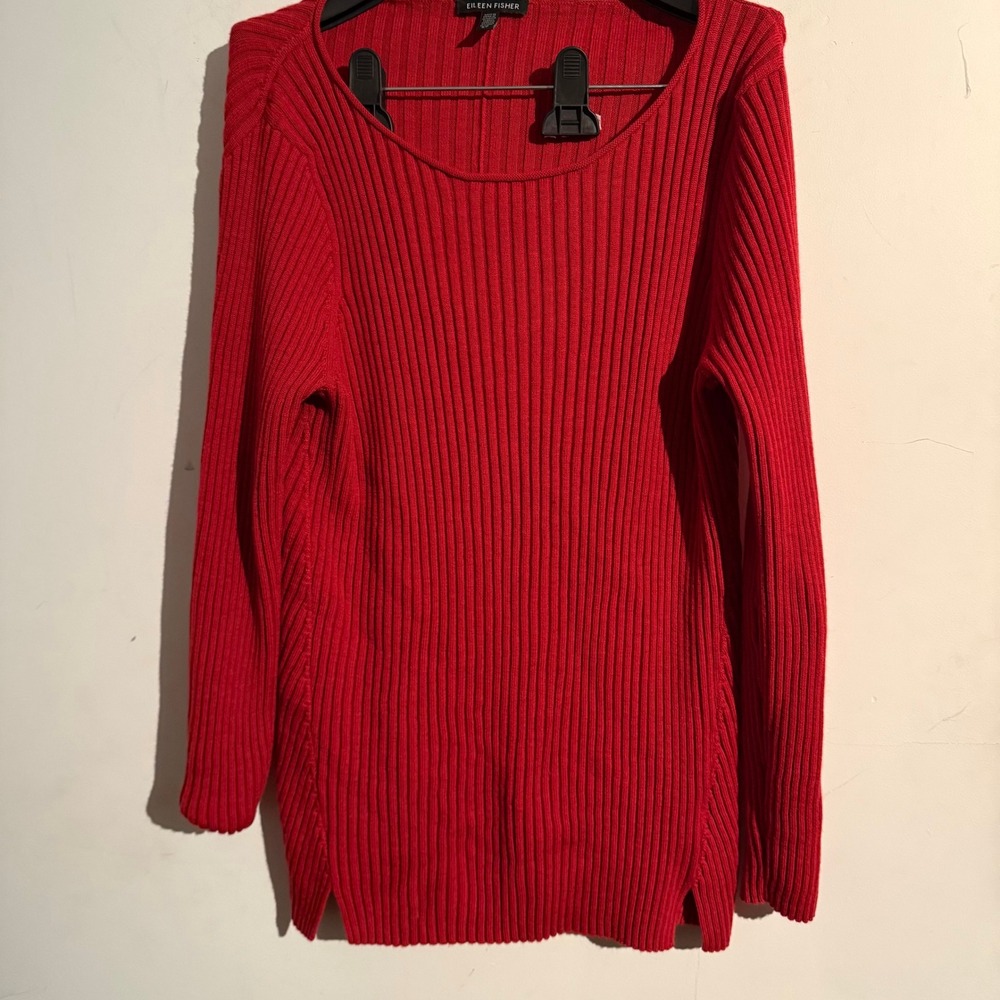 Eileen Fisher Small Red Sweater Ribbed Merino Wool Old Money Minimalist Classic